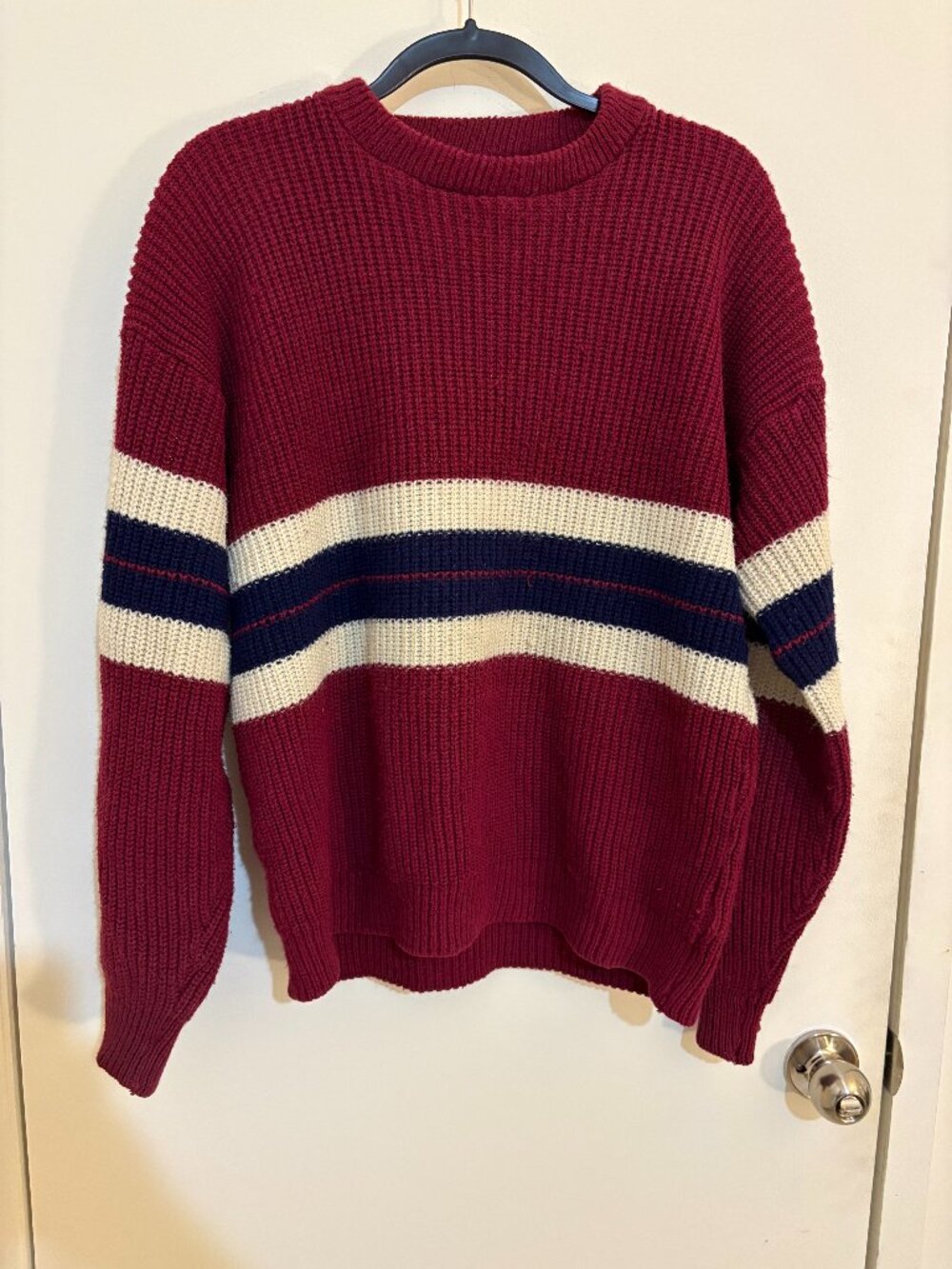 Oakton Ltd Color-Block Sweater Burgundy Cream Navy Stripes Size L